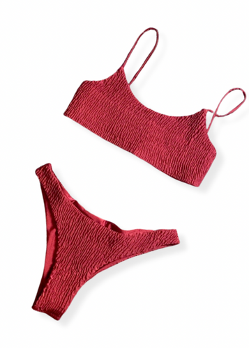 Wine Red Pleated Two-Piece Swimsuit